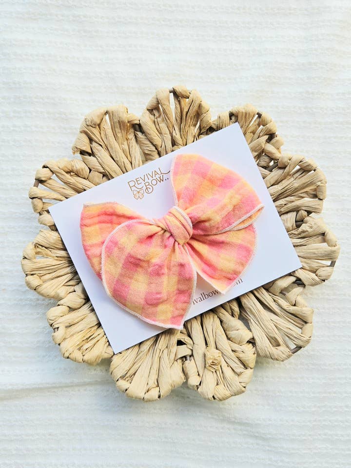 Lazo de Fábula en Clip • Gasa de Cuadros Vichy Rosa Amarillo • Lazo de Verano para venta al por mayor de Revival Bow Co.