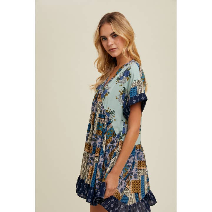 MINT COMBO MULTI-PRINT MINI DRESS / WL24-9552 for wholesale on Faire