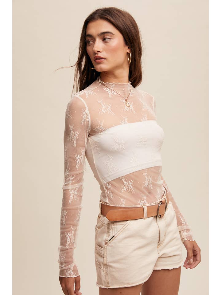 Listicle - Wholesale Blouse - Women's - Sheer Lace Long-Sleeve Top45