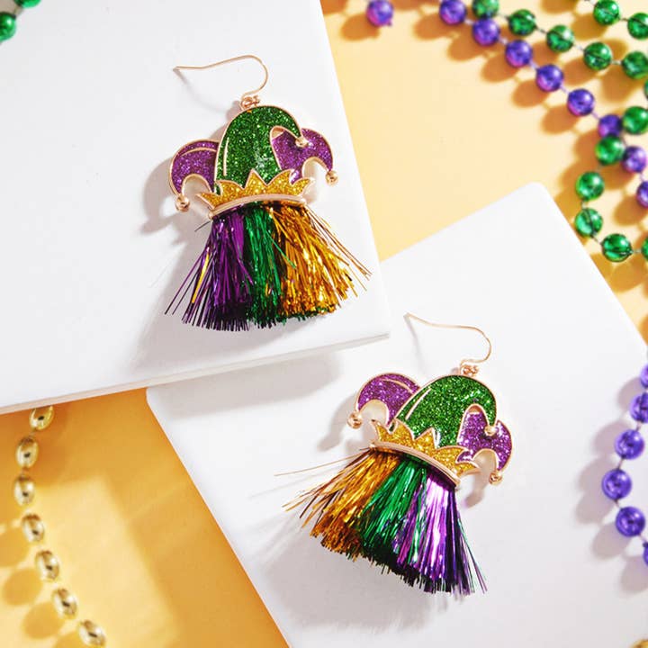 Mardi Gras Glittered Jester Pierrot Tassel Fringe Dangle Earrings for wholesale by Sensibling Corp.