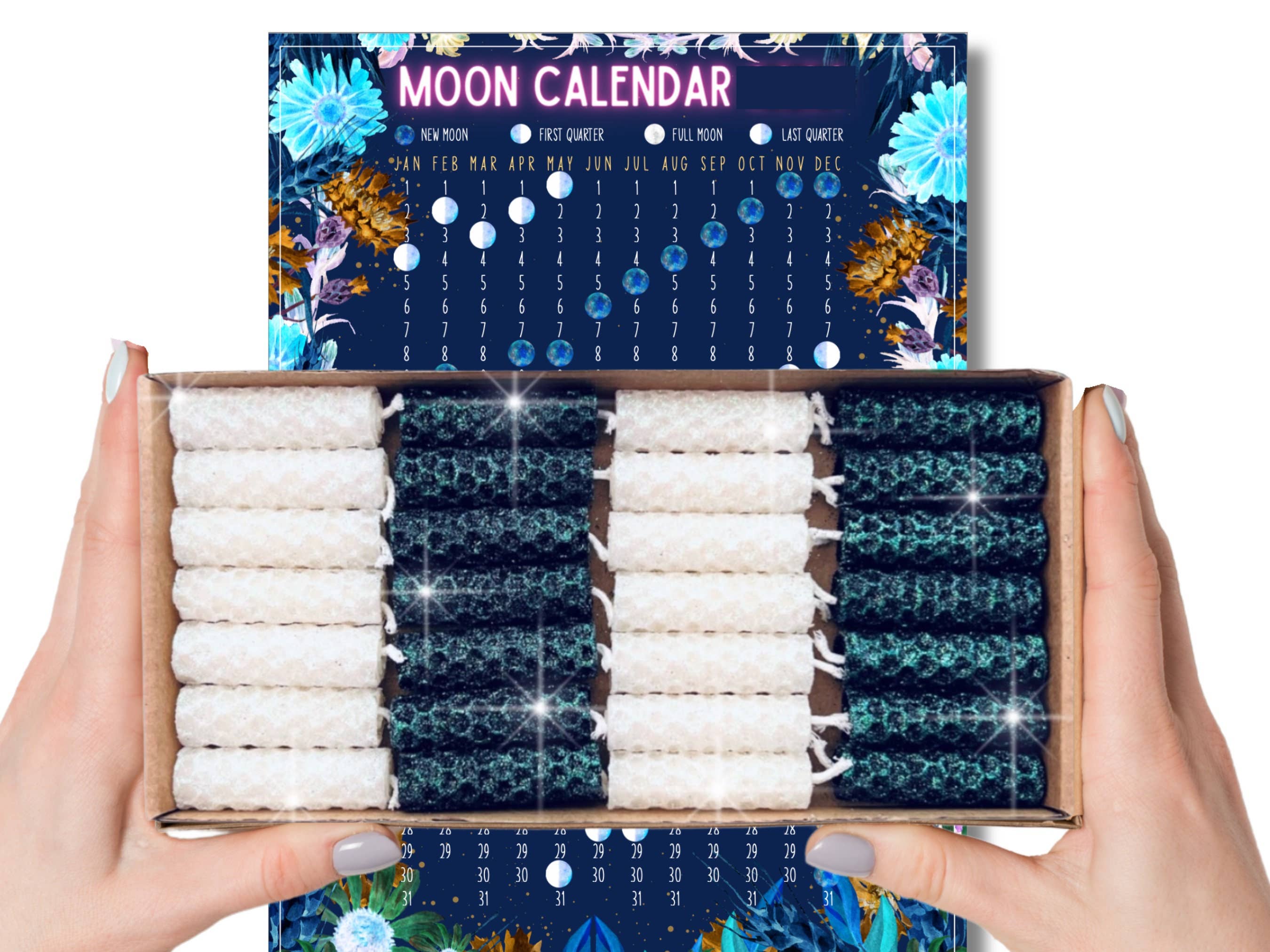 Phoenix Candle Company – wholesale Tapered candle/candlestick – Mini Moon Ritual Glitter Candles with Moon Phase Calendar1