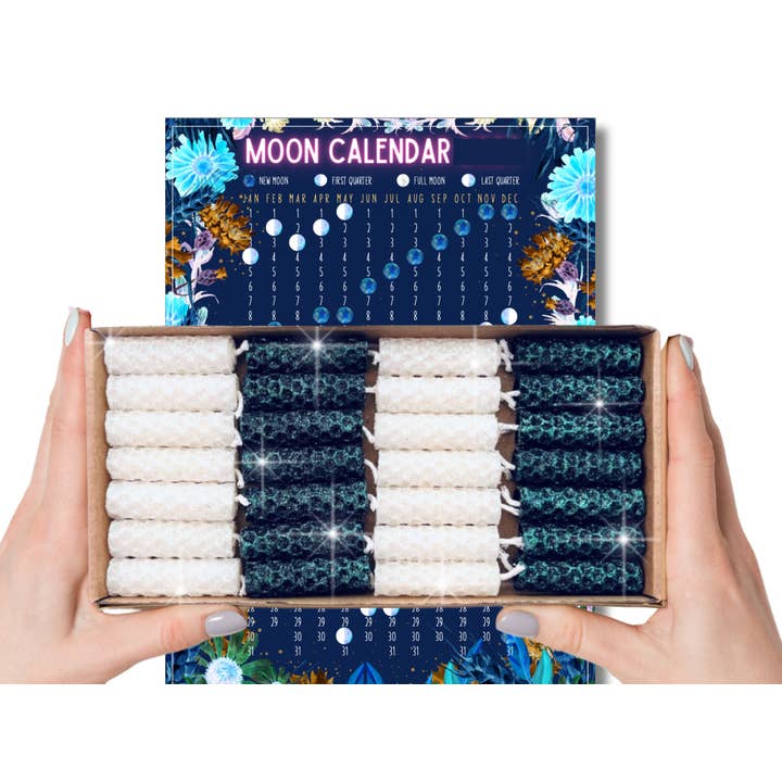 Phoenix Candle Company - Vente Bougies/bougeoirs coniques - Bougies pailletées Mini Moon Ritual avec calendrier des phases de la lune1