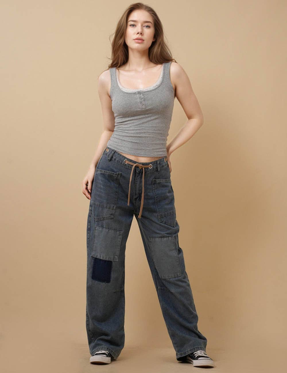 Blue Ladies String Tie Jeans Demin Splice Straight Leg Pants 8SKP50370 for wholesale on Faire3
