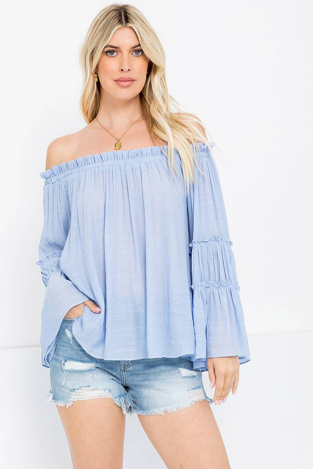 Sweet Lovely by Jen - Wholesale Blouse – Women’s - TIERED BELL SLEEVE  OFF SHOULDER TOP6