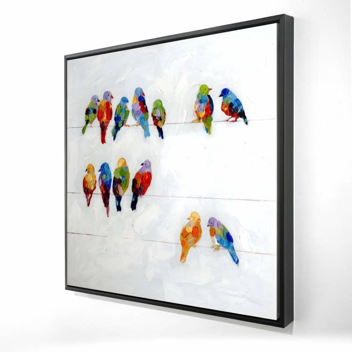 Rood Kleurrijke vogels op een draad | ingelijste print op canvas 48" x 48" voor groothandel op Faire