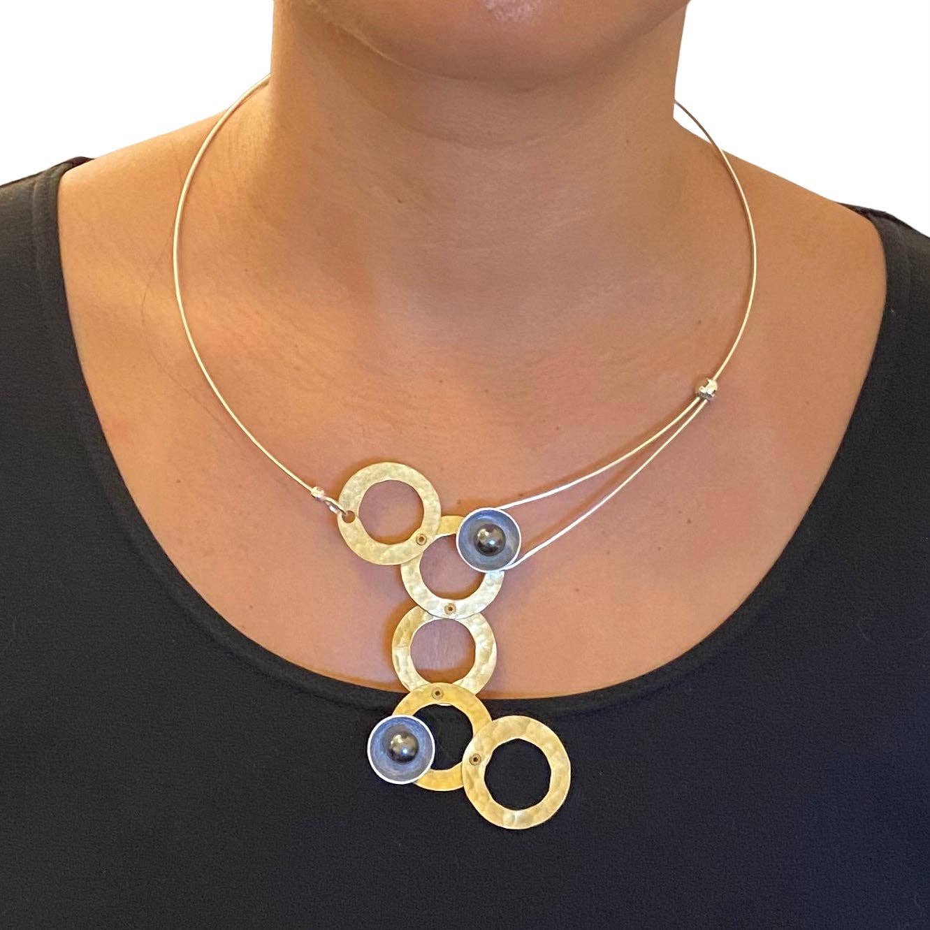 Chick Boss LLC - Wholesale Pendant/Charm Necklace - STREAM Small Cascading Mixed Metal Necklace from the SCULPTURAL Collection with Simulated Pearl or Jade option4