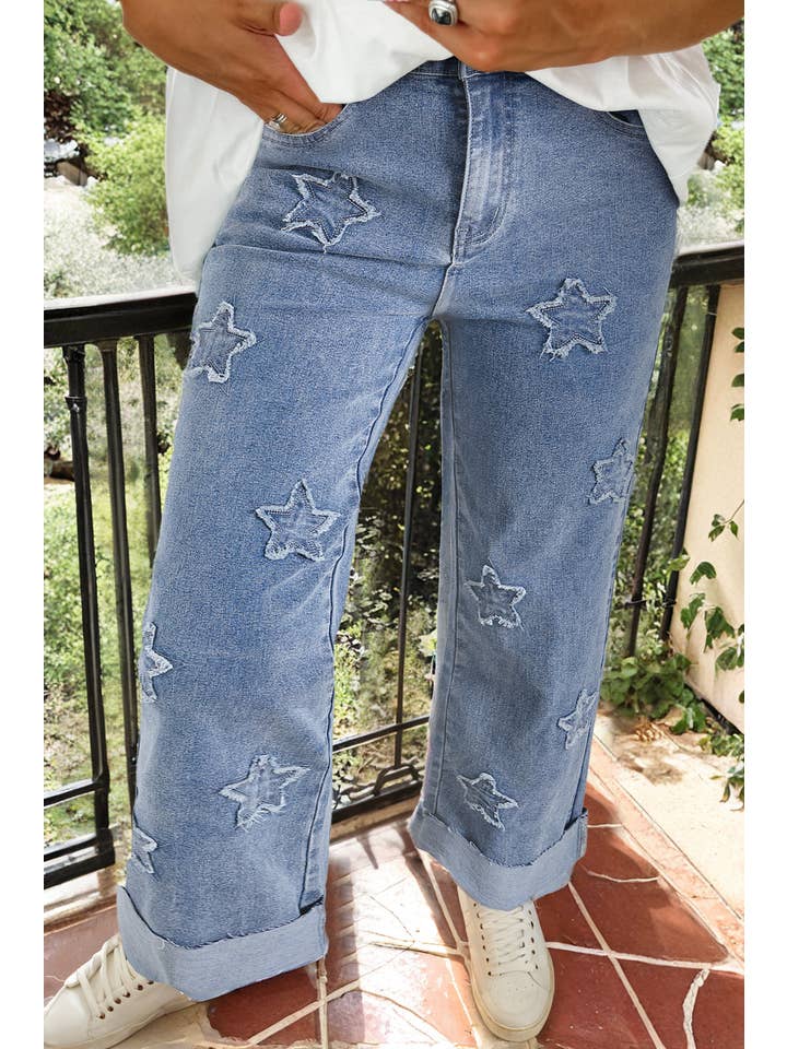 Dusk Blue Foiled Star Patchwork Straight Leg Loose Jeans for wholesale on Faire