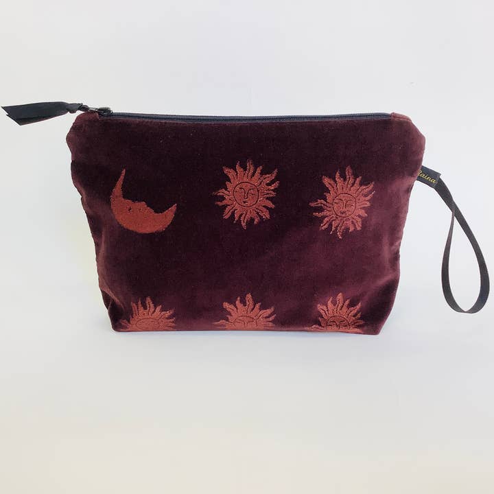 Chocolate Brown velvet Sun and Moon makeup bag for wholesale by Raina Atelier