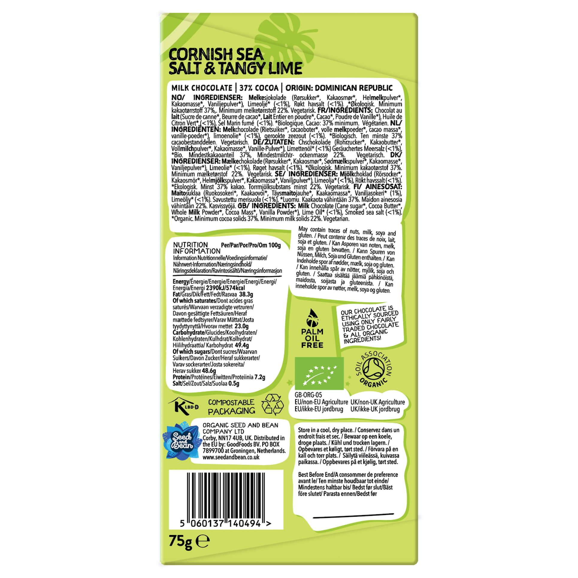 Seed & Bean  [No duties when shipping to US!] – Großhandel Schokoriegel – Cornish Meersalz & Limette Milchschokolade 75 g Tafel (37 % Kakao)3