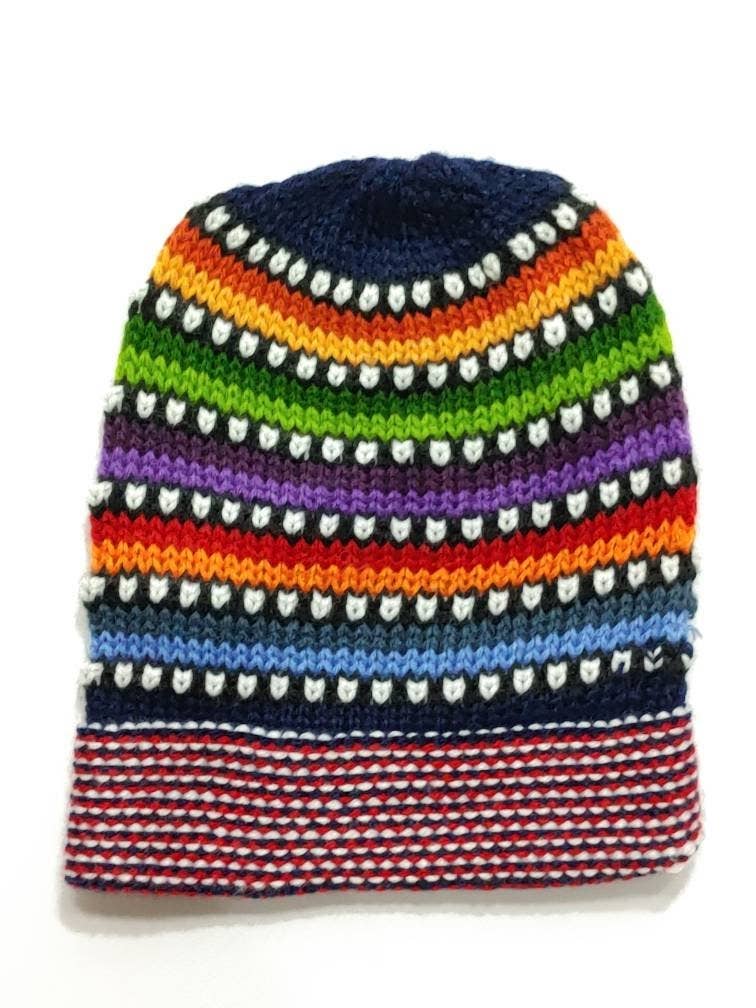 assorted colors unisex Multicolor Hand Knit Alpaca Beanie Hat Cap for wholesale on Faire6