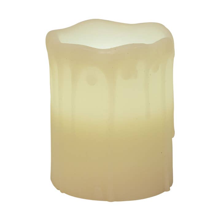 White Drip Pillar Candle, 3 x 4 for wholesale by The Hearthside Collection