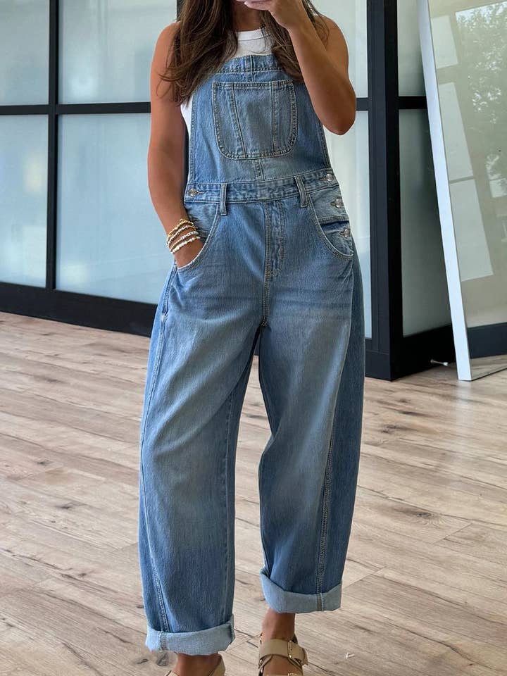Dusk Blue Adjustable Buckle Barrel Denim Overalls for wholesale by Lovesoft