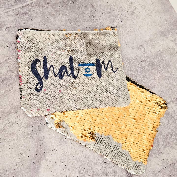 Salt and Sparkle - Wholesale Pouch - Women's - Shalom Israel Heart Flag Sequined Pouch