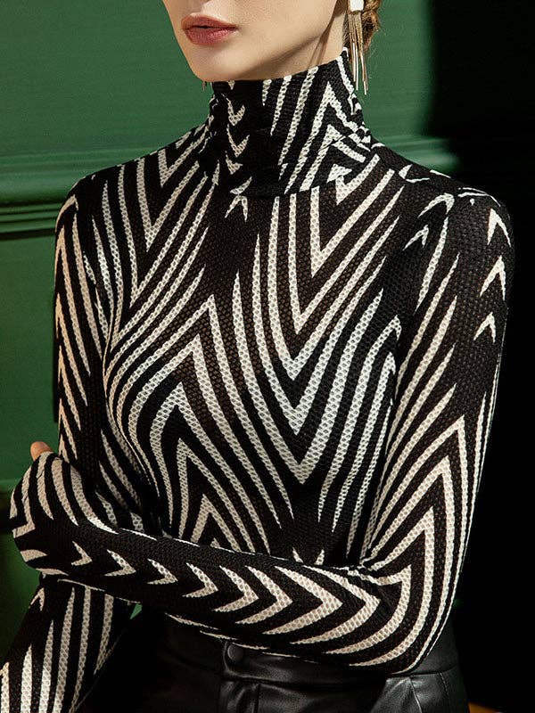BLACK Long Sleeves Skinny Striped High-Neck T-Shirts Tops for wholesale on Faire