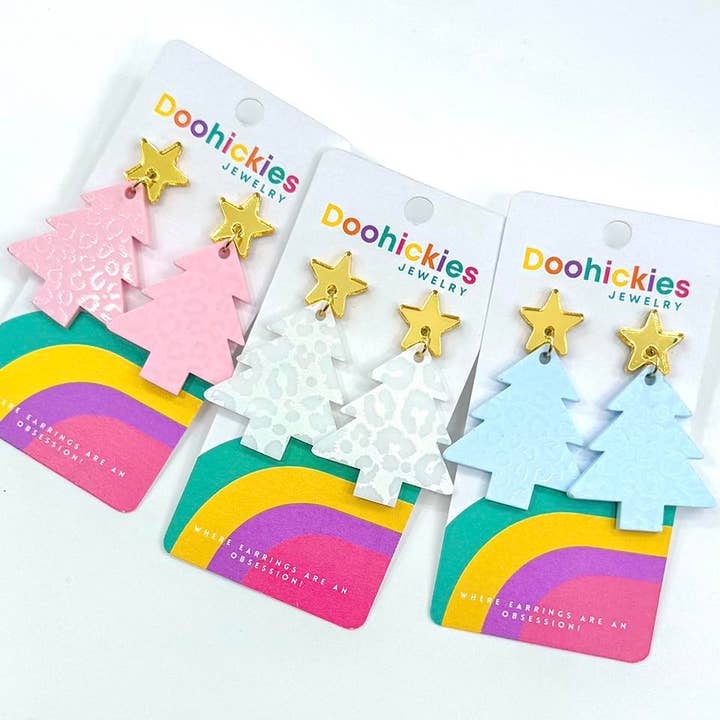Monotone Pastel Leopard Christmas Tree Earrings for wholesale by Doohickies