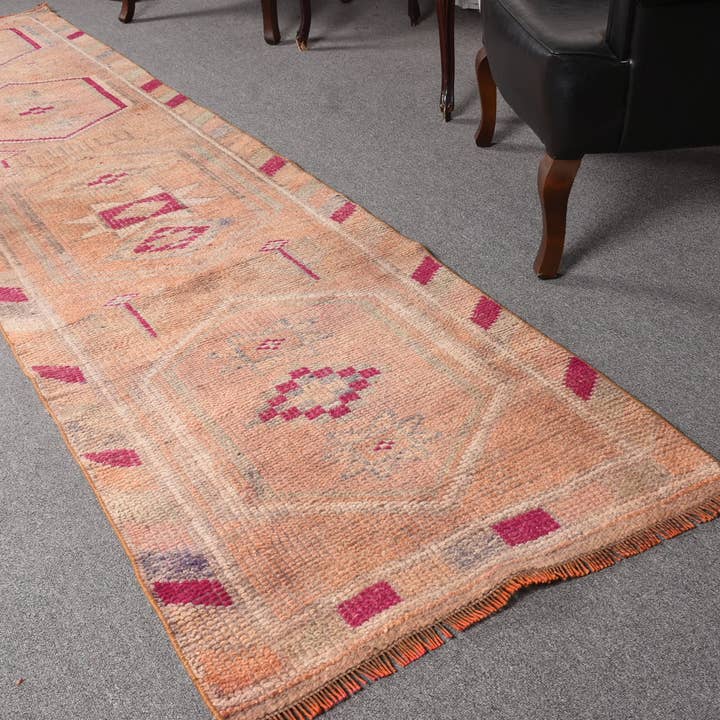 Rug, Beige Pink Geometric Traditional Woven Rug 2.6x11 Ft for wholesale by Vintage Rugs Loom