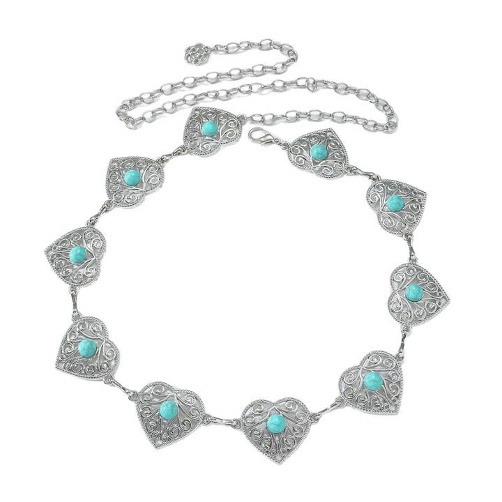 Tourtiwi - Wholesale Belt - Women's - Boho Heart Shape Turquoise - Inlaid Metal Waist Chain4