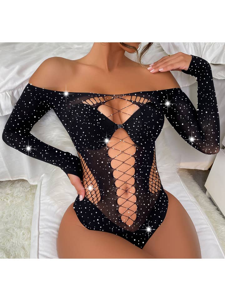 Sweetkama - Wholesale Lingerie Bodysuit - Women's - Sparkle Fishnet Teddy See Throught Lingerie Bodysuit