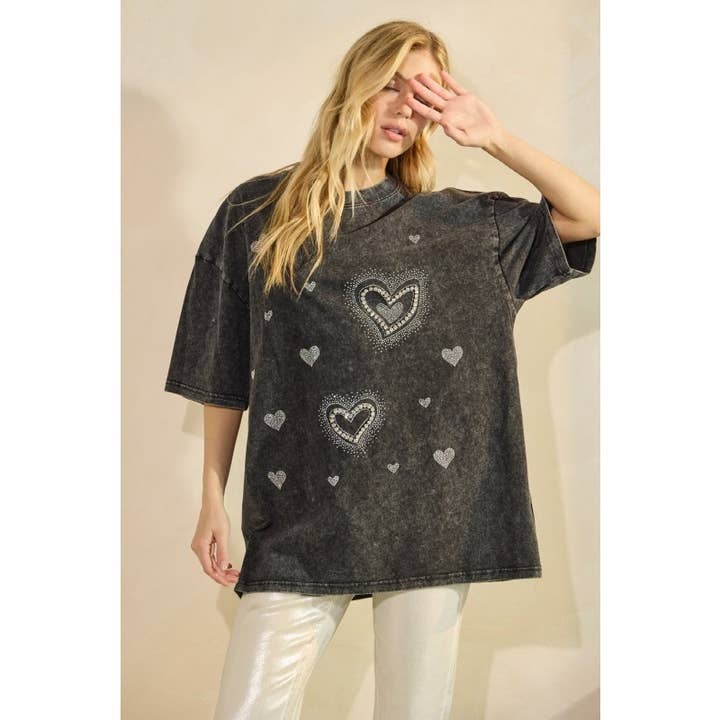Rhinestone Hearts Crew Neck Oversized Top for wholesale by BNS