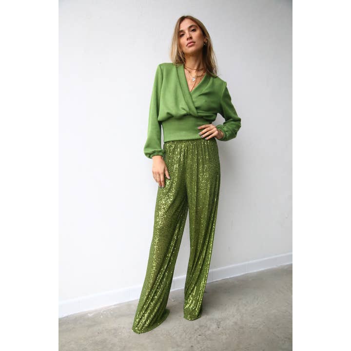 lentejuelas de pistacho W5052 Pantalones acampanados con lentejuelas color pistacho de venta al por mayor en Faire