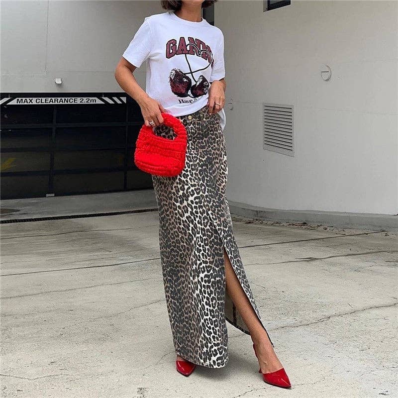 LEOPARD Midi-kjol med leopardmönster, smal passform och hög slits för wholesale på Faire1