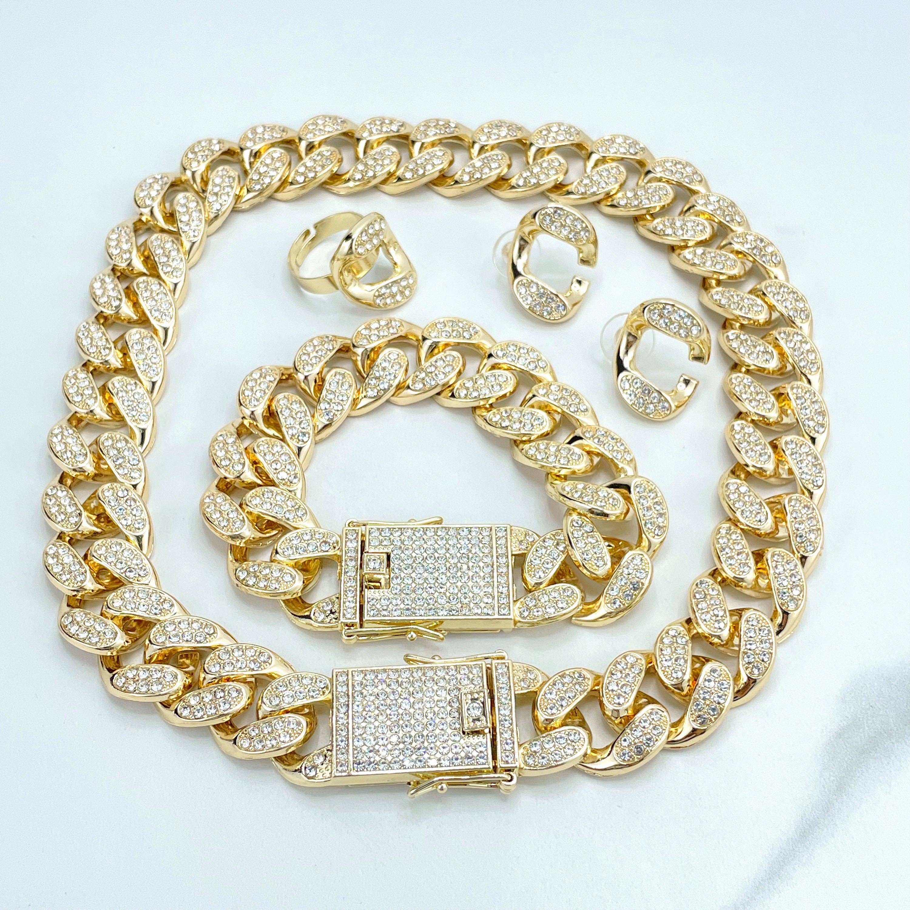 DIJU Jewelry - Wholesale Jewelry Set - 14k Gold Filled, Iced Miami Cuban Link, Double Safety Lock Box Cubic Zirconia, Chain, Bracelet, Earrings & Ring Set, Wholesale Jewelry1