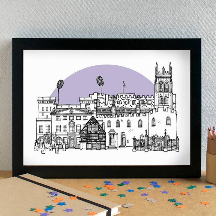 Impression artistique sur les monuments de Taunton Skyline, sans cadre pour la vente par Becka Griffin Illustration