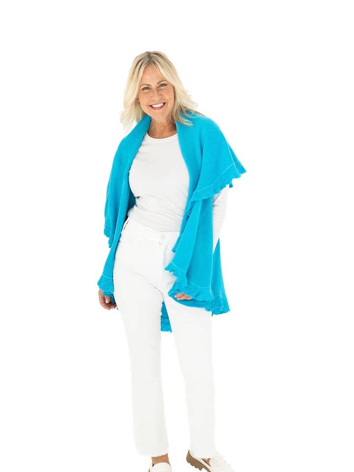 4 stilarter i 1 Cardigan Sweater Shawl Wrap Turkis flæse for engroshandel hos Heidi Kagan Designs, LLC.