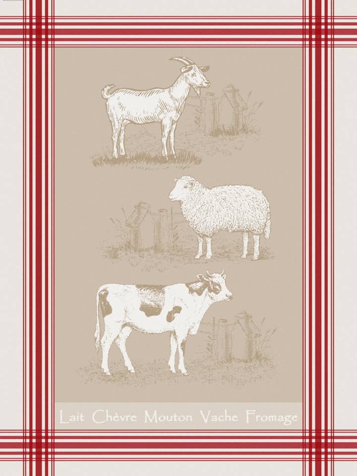 European Red-Taupe Jacquard Tea Towel - CheeseAnimals for wholesale by Mierco European Linens