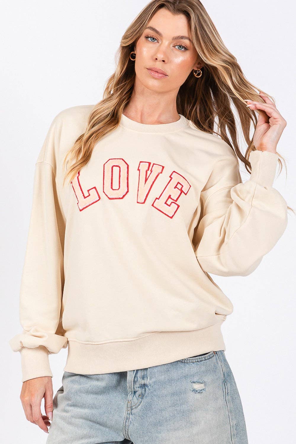 Ivory SAGE + FIG LOVE Path Applique Drop Shoulder Sweatshirt for wholesale on Faire4