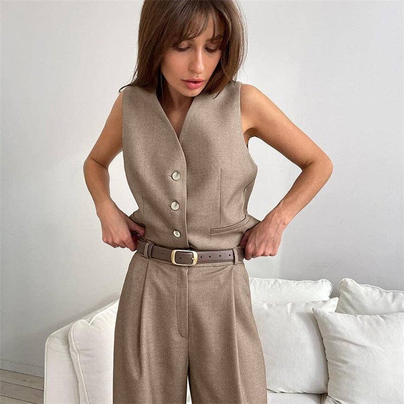 UZ Wholesale Store - Wholesale Kostuum - Dames - Effen gekleurd vest met V-hals en westernbroekpak met rechte pijpen0