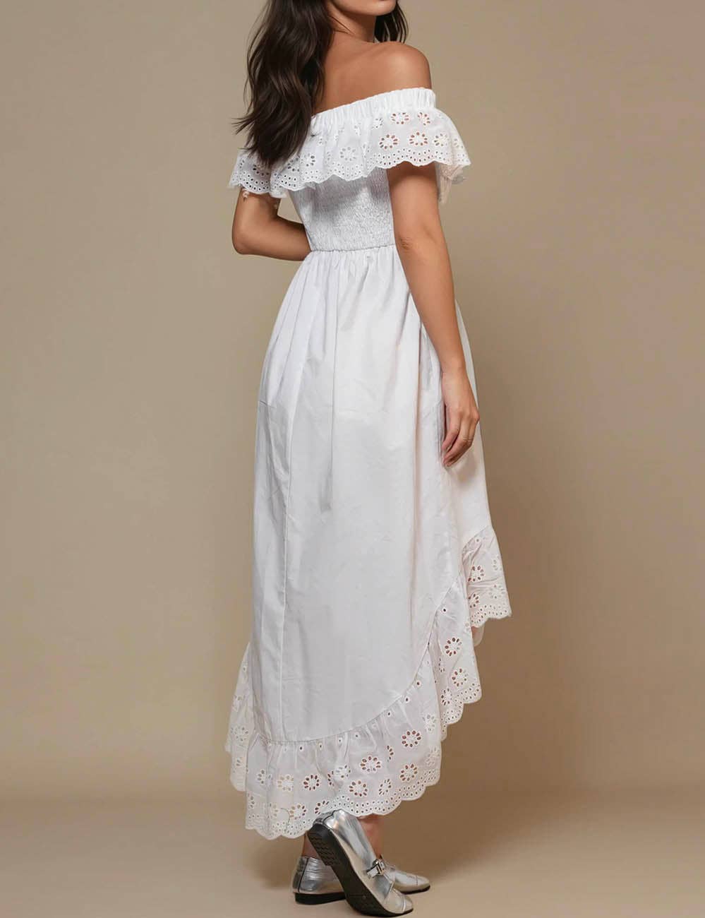 Blanc Robe Midi Épaules Dénudées à Œillets Floraux pour Femmes SKD50298 en vente sur Faire2