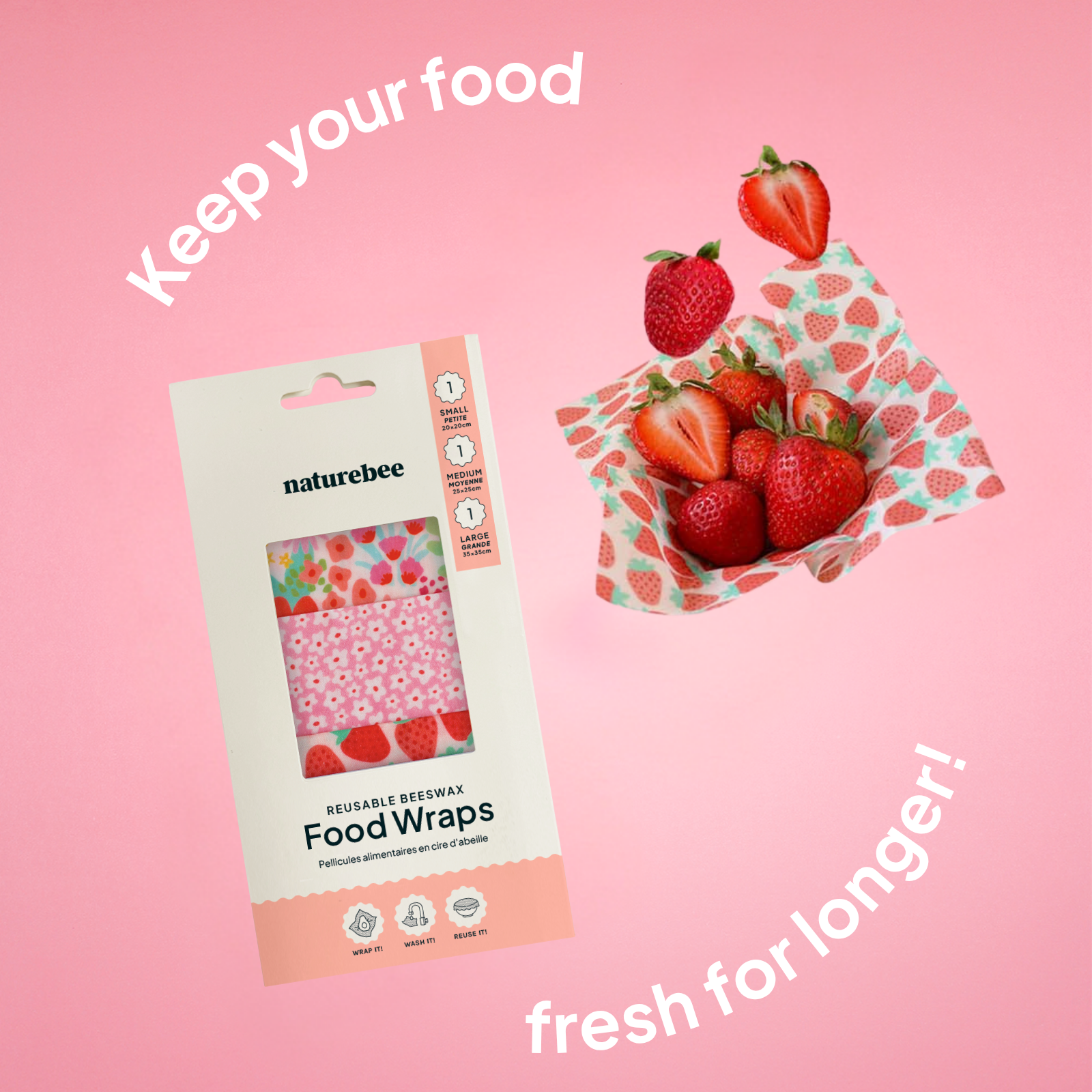 NATURE BEE - Vendita all'ingrosso Involucro/sacchetto per alimenti - Set di varietà Beeswax Wrap - Rosa2