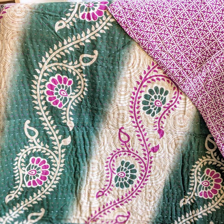 Mini kantha quilt in shades of green, pink & beige, handwoven in Bangladesh for wholesale by Shakti.ism