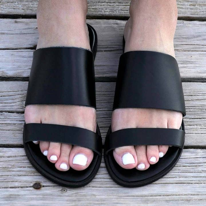 Sandálias gregas de couro preto, Sandálias femininas, Gladiador preto por atacado de Madammeshushu