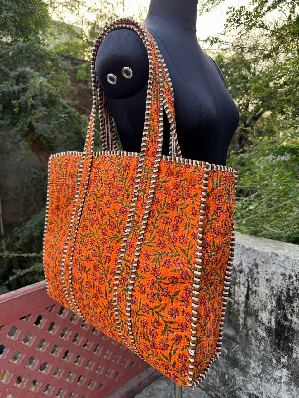 bhavnas boutique - Wholesale Tote Bag - Women's - Orange Cotton Quilted Bag Small Floral Printed Shoulder Bags4