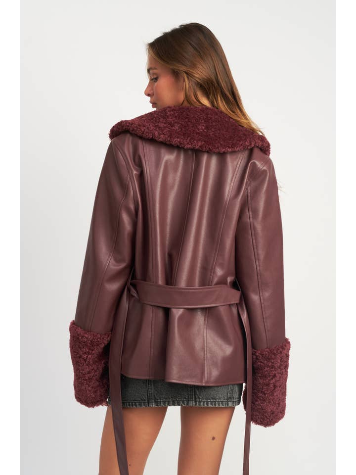 BURGUNDY BELTED FAUX SHEARING TRIMMED JACKET for wholesale on Faire