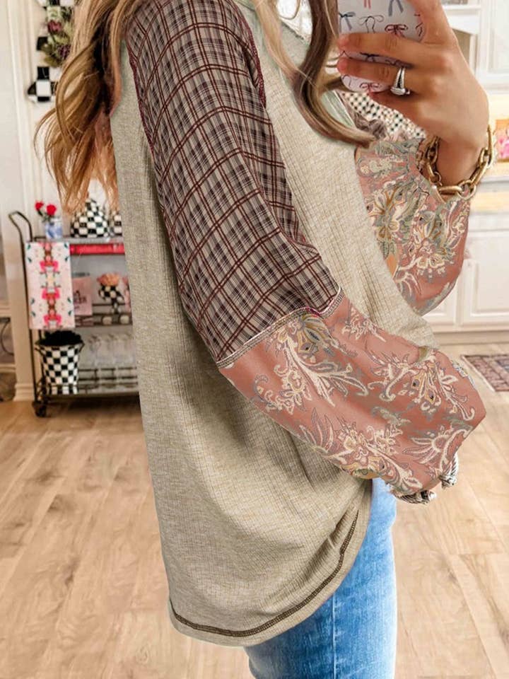 Jet Stream Paisley Plaid Raglan Sleeve Blouse for wholesale on Faire