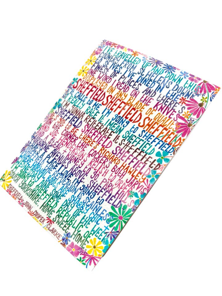 A6 John Cooper Clarke “Sheffield” poem greetings card for wholesale by Au Faye