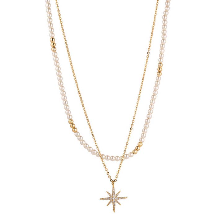 Colar em camadas Tiny Pearl & Star por atacado de Knight & Day Jewellery