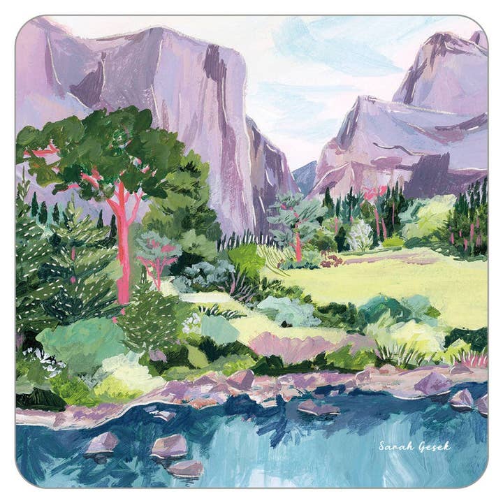 Base de Copo Quadrada com Folha e Lago Perto da Montanha por atacado de On The Bright Side