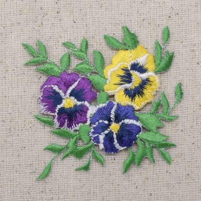 Pansies Bunch - Small - Yellow/Blue/Purple Flowers - Iron on Applique - Embroidered Patch - 691859-L for wholesale by Wholesale Applique