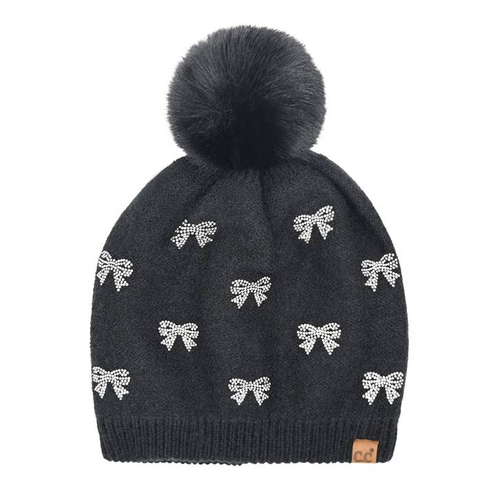 C.C Beanie - Wholesale Beanie - Women's - Allover Mini Rhinestone Bow C.C Faux Fur Pom Beanie HTE0136