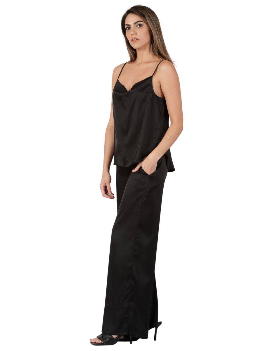 Lucca Couture - Vente Pantalon – femme - PDB3281-PANTALON ANDREA BOHO EN SATIN NOIR1