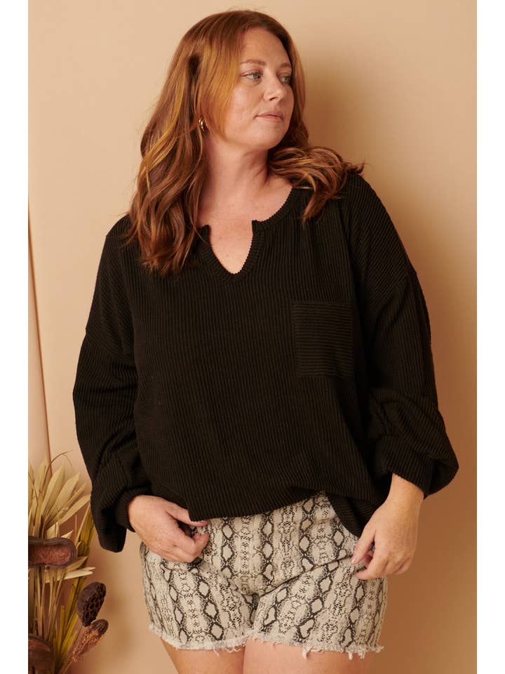 mittoshop - Wholesale Knit Top - Women's - PLUS TEXTURE RIB ROUND NECK V-CUT DETAIL TOP0