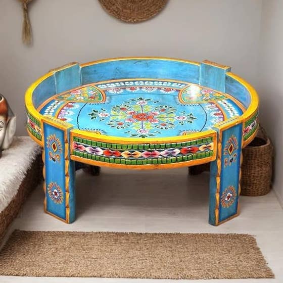 Carved Rajasthani Hand Painted Chakki Table for wholesale by VIRATRA ART DECOR