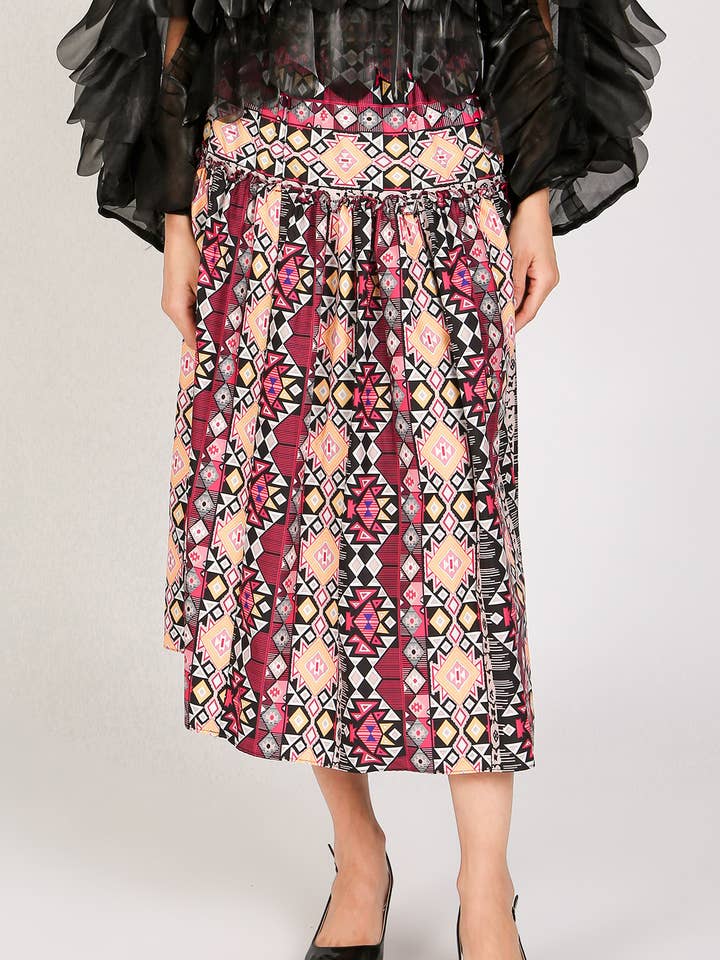Geometrisch bedruckter Rock mit Rüschenbesatz und Volant, Midi, DE5007 für den Großhandel von Beulah Style