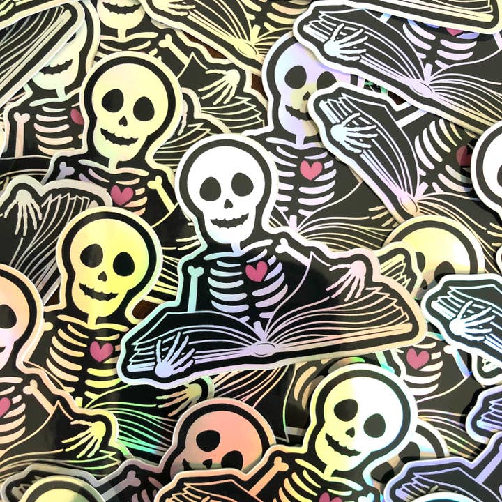 Adesivo in vinile Holo Skeleton con libro per la vendita all'ingrosso da parte di Peanut Butter Taco