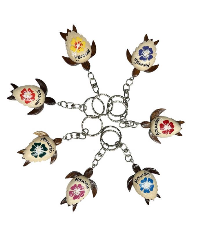 DK Hawaii - Vendita all'ingrosso Portachiavi - Unisex - Portachiavi Tartaruga con Fiore di Ibisco in Legno "Hawaiano"0