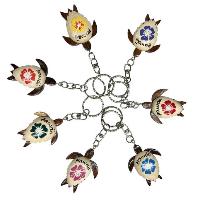 DK Hawaii - Vendita all'ingrosso Portachiavi - Unisex - Portachiavi Tartaruga con Fiore di Ibisco in Legno "Hawaiano"